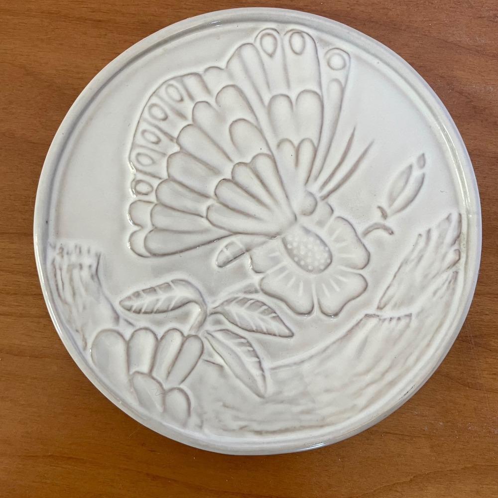 Vtg Frankoma Trivet White Butterfly Floral Botanical Ceramic Pottery 6.25"